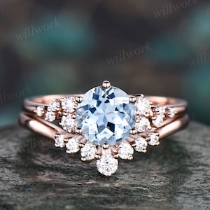 Aquamarine ring set vintage aquamarine engagement ring set unique snowdrift engagement ring rose gold cluster dainty moissanite ring women