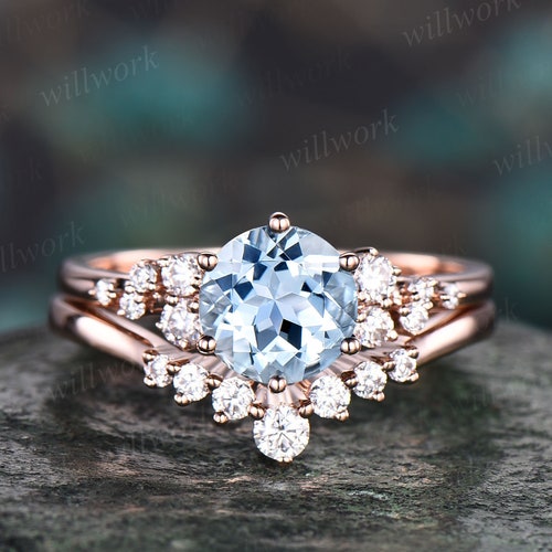 2pc Aquamarine Engagement Ring Set Rose Gold Diamond Ring - Etsy