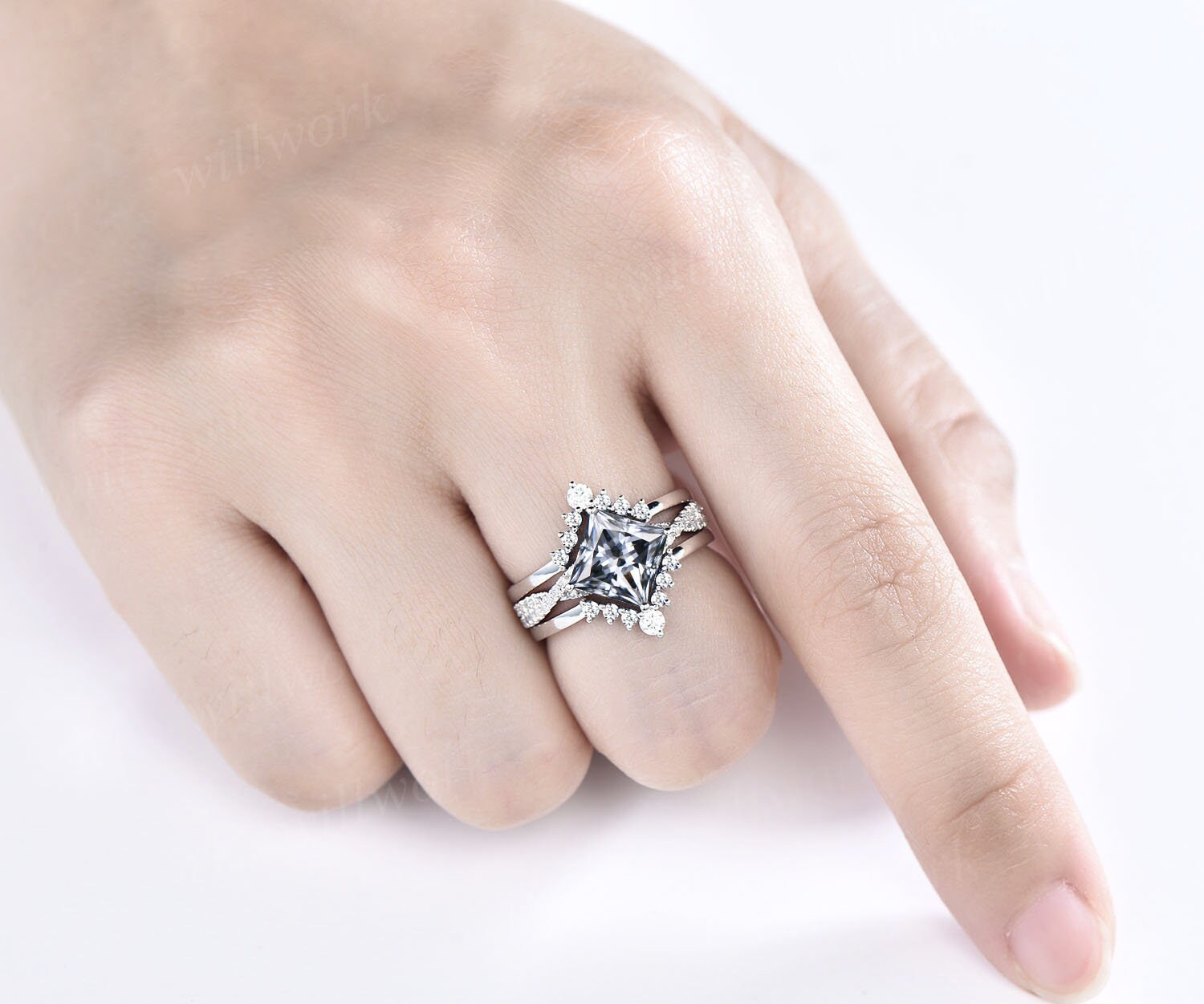 Princess Cut Ring Stackable Rings Vintage Unique Princess Cut Gray Moissanite Engagement Ring Set Rose ...