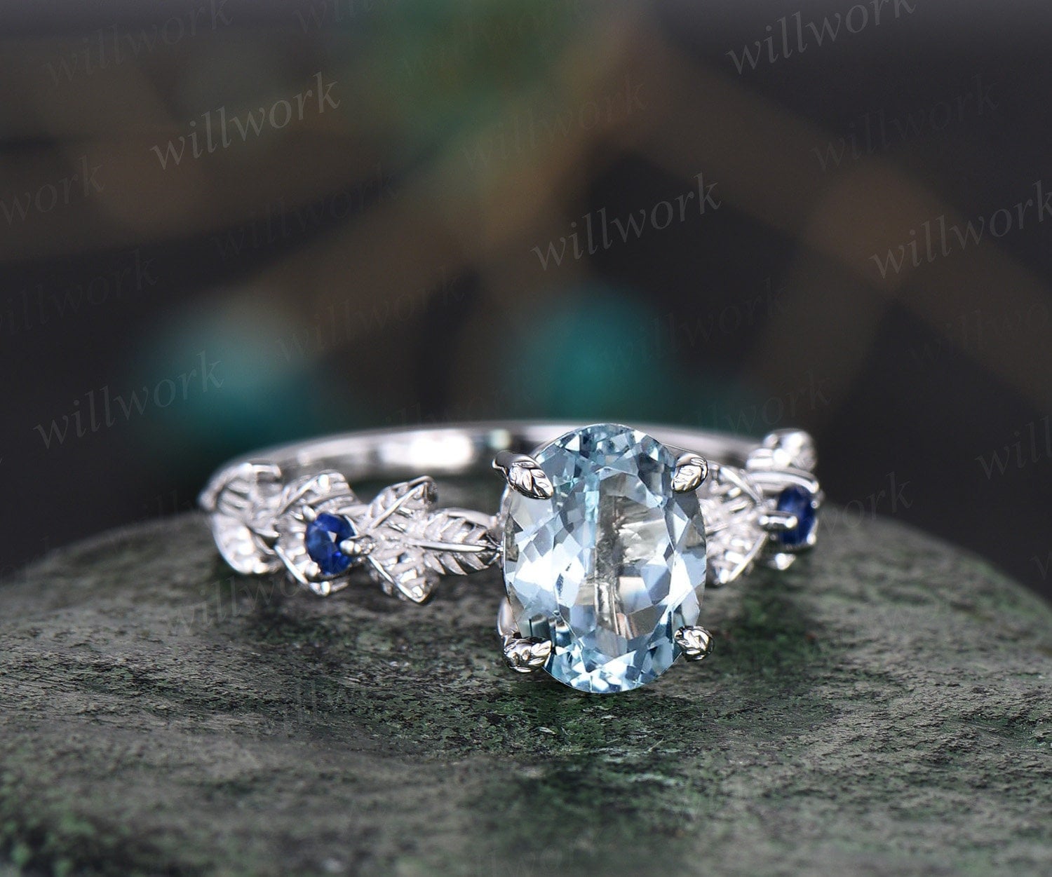 Oval Cut Aquamarine Leaf Ring