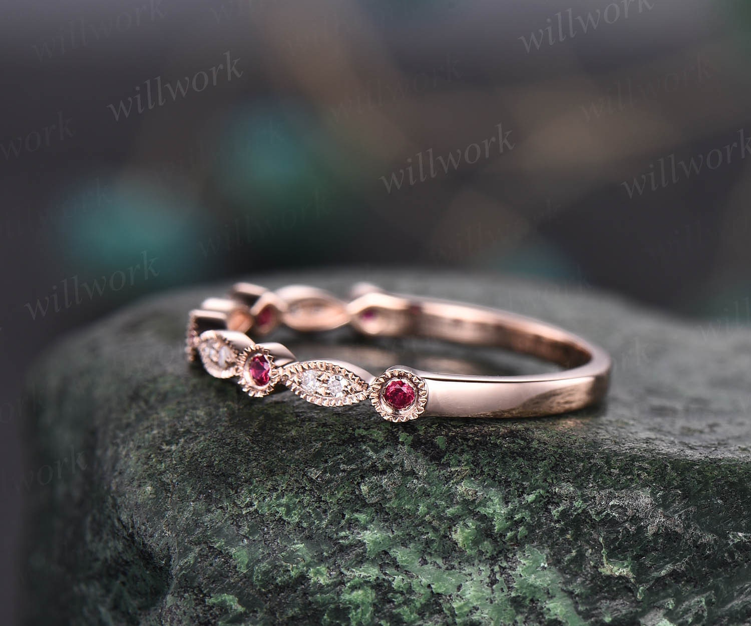Natural Ruby Wedding Band Half Eternity Diamond Wedding Ring Band 14k ...