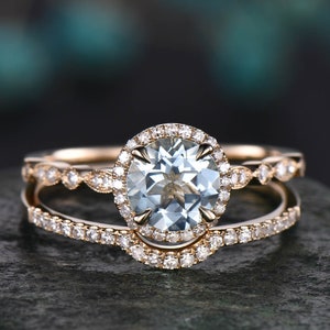 Vintage Blue Aquamarine Engagement Ring Set Solid 14k Rose Gold Handmade Art Deco Arched Diamond Rng Wedding Ring Set March Birthstone Ring image 9