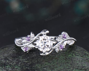 Anillo de moissanita de corte redondo, estilo vintage, con hojas y cinco piedras, anillo de compromiso en oro blanco, amatista de inspiración natural, regalo de aniversario.