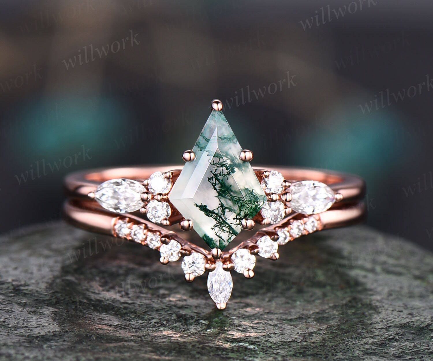 Vintage kite cut green moss agate engagement ring set 14k rose gold m…