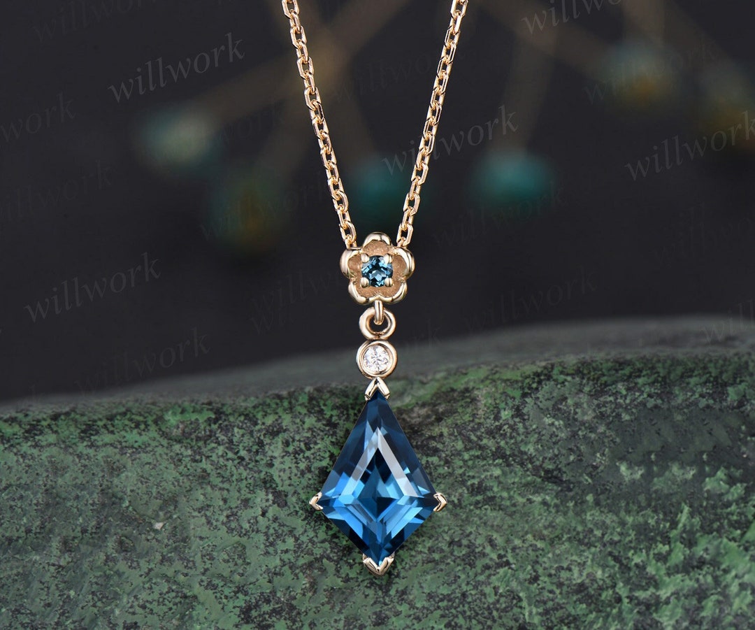 Kite Cut London Blue Topaz Necklace Solid 14k Yellow Gold
