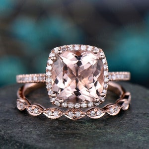 9mm cushion cut morganite bridal set pink morganite engagement ring set rose gold ring set art deco diamond ring set moissantie ring set