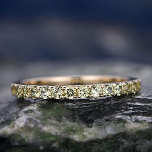 Natural Peridot wedding ring-Solid 14k yellow gold-handmade Fine ring-Half eternity band-2mm Matching band-birthstone promise ring