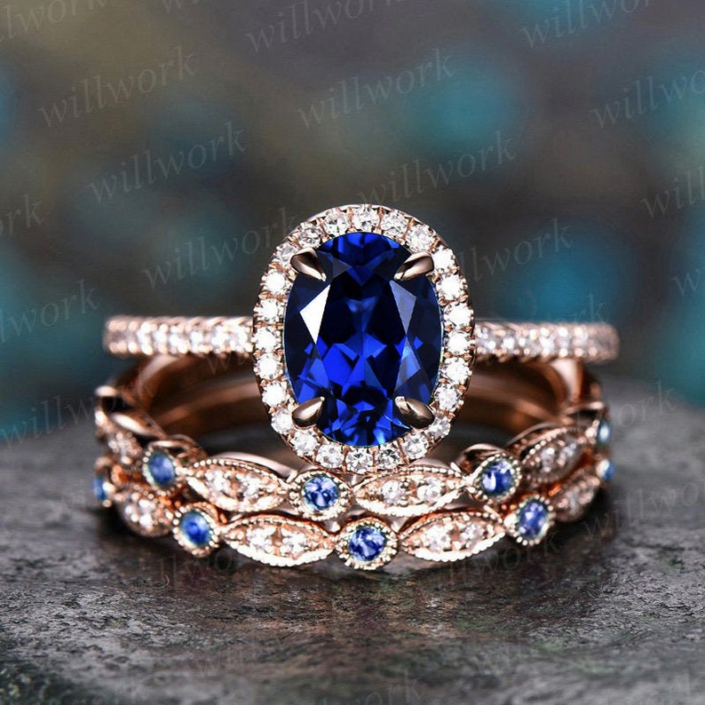 3pcs blue sapphire ring vintage sapphire engagement ring set rose gold for women diamond halo natural sapphire wedding band bridal ring set 3pc ring set