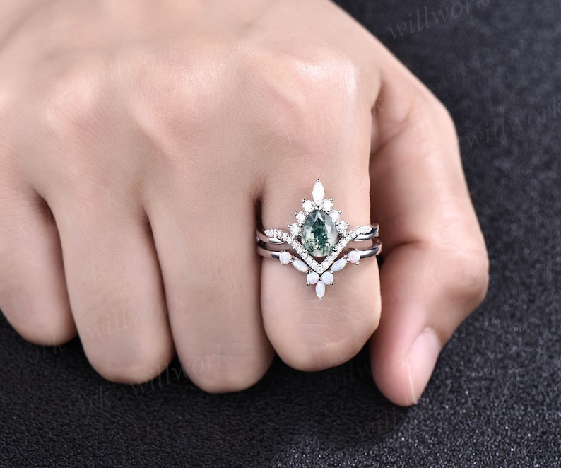 Art deco halo marquise unique vintage green moss agate engagement ring set rose gold opal ring women moissanite anniversary ring set gift image 7