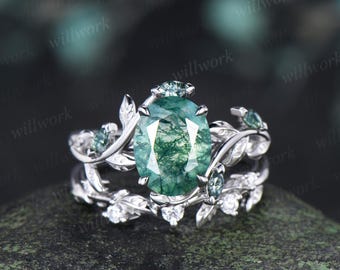 2ct oval cut moss agate ring vintage white gold leaf nature inspired wedding engagement ring set women handmade jewelry