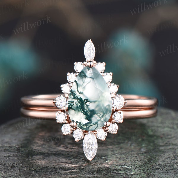 Unique wedding ring set vintage Pear shaped green moss agate engagement ring set rose gold art deco ring halo marquise cut moissanite ring
