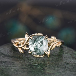 Cushion Cut Green Moss Agate Ring Vintage Unique Nature - Etsy