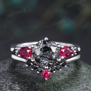 Round cut black rutilated quartz engagement ring set white gold five stone ring minimalist stacking ruby black spinel ring women