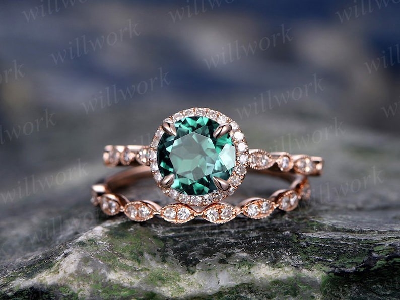 Vintage Emerald Engagement Ring Set Rose Gold Milgrain Wedding | Etsy