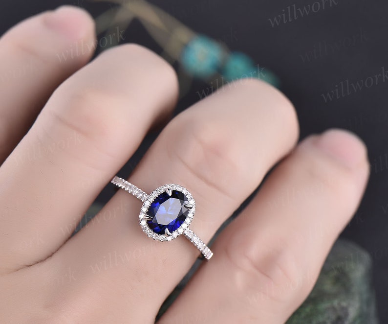 3pcs blue sapphire ring vintage sapphire engagement ring set rose gold for women diamond halo natural sapphire wedding band bridal ring set image 8