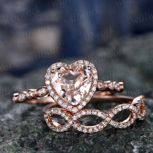 Morganite engagement ring-handmade Solid 14k Rose gold ring-Real Floral Diamond band-Heart shaped Cut gemstone promise ring-Bridal Ring set