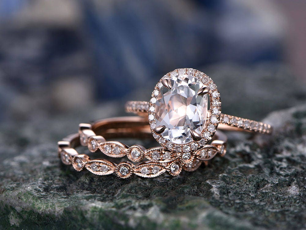 Morganite engagement ring set-handmade Solid 14k Rose gold | Etsy
