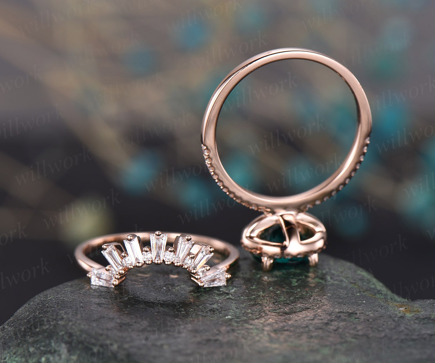 Green Emerald Engagement Ring Set Rose Gold Real Diamond Ring - Etsy