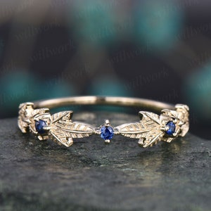 Vintage natural sapphire ring band leaf sapphire wedding band 14k yellow gold September birthstone ring unique engagement ring gift for her
