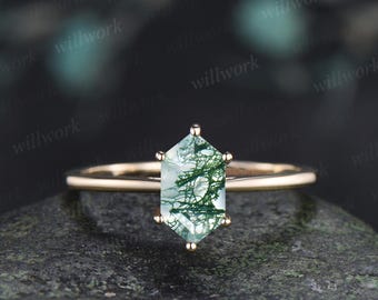 Long hexagon green moss agate engagement ring 14k yellow gold 6 prong minimalist solitaire promise wedding ring women gift silver