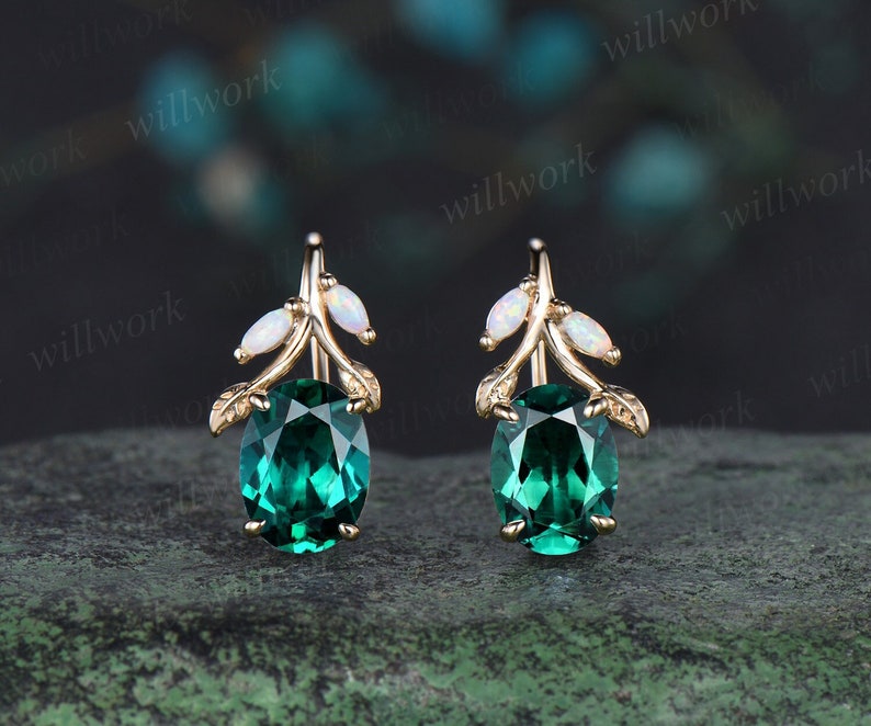 Oval cut green emerald earrings solid 14k yellow gold vintage leaf marquise opal drop earrings women anniversary gift jewelry image 1