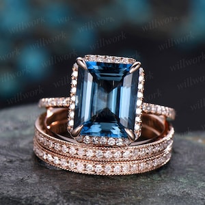 3pcs Emerald cut London blue topaz engagement ring 14k rose gold Topaz wedding bridal set diamond halo engagement November birthstone ring image 1