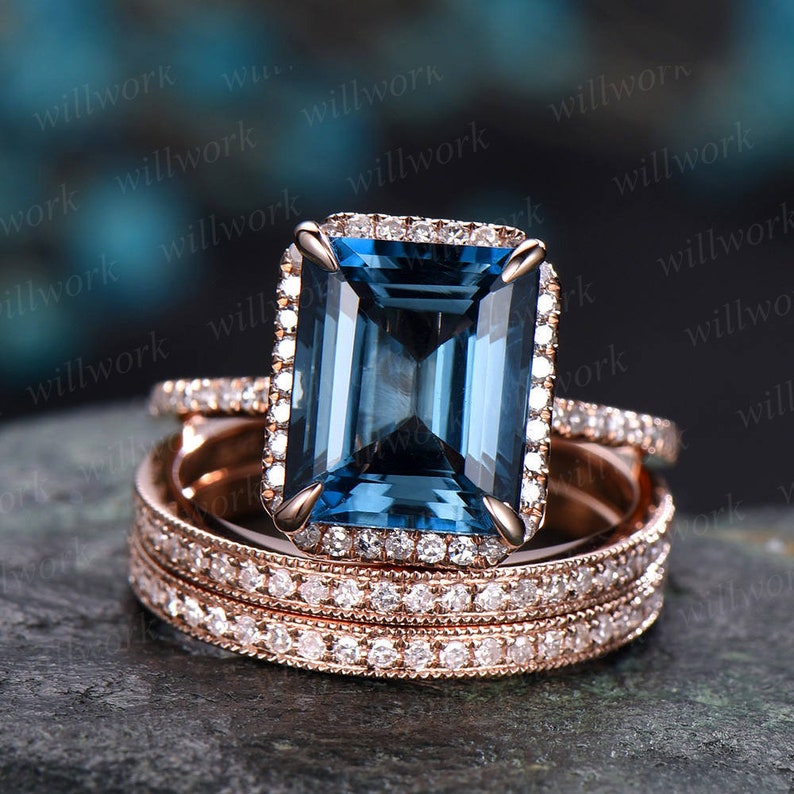 3pcs Emerald cut London blue topaz engagement ring 14k rose gold Topaz wedding bridal set diamond halo engagement November birthstone ring image 1