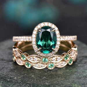 Emerald ring vintage unique oval emerald engagement ring set rose gold halo diamond ring for women marquise milgrain wedding ring set band image 6