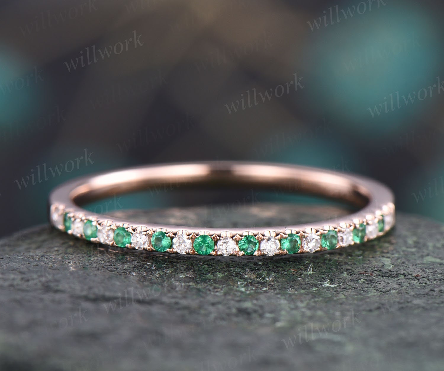 Emerald Half Eternity Band 14k Gold Band Emerald Wedding Band Promise Ring Matching Band Ring Stacking Band May Birthstone Ring