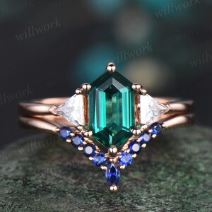 Hexagonschliff grüner Smaragd Verlobungsring Roségold drei Stein Trillion Moissanit Ring Saphir Hochzeit Brautring Set Frauenschmuck