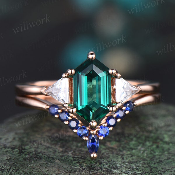 Hexagon cut green emerald engagement ring rose gold three stone trillion moissanite ring sapphire wedding bridal ring set women jewelry