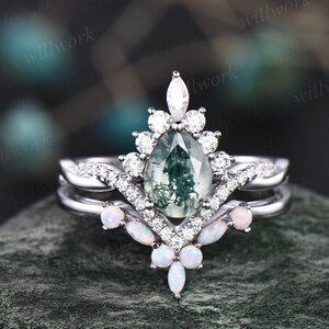 Art deco halo marquise unique vintage green moss agate engagement ring set rose gold opal ring women moissanite anniversary ring set gift image 6