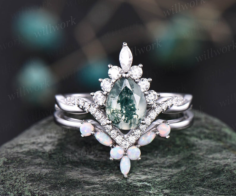 Art deco halo marquise unique vintage green moss agate engagement ring set rose gold opal ring women moissanite anniversary ring set gift image 6