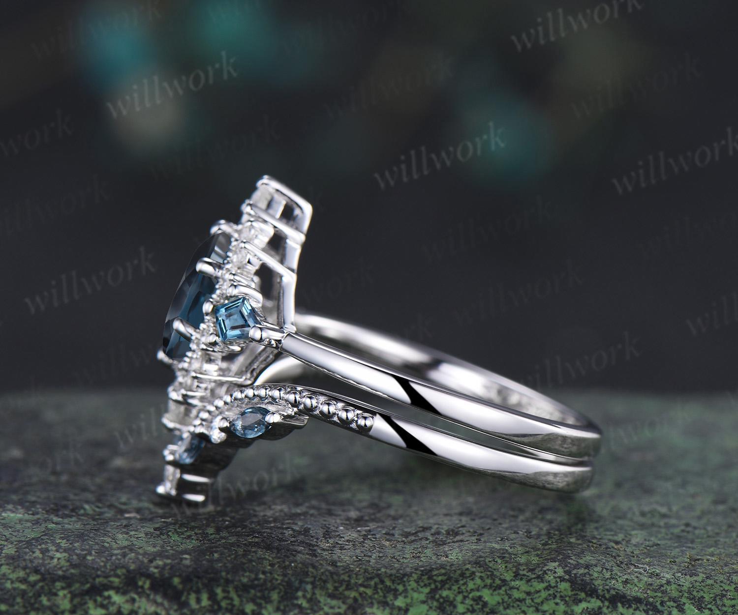 Oval London Blue Topaz Engagement Ring Set 14k White Gold Kite Princess ...