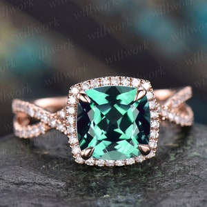 Cushion emerald ring vintage emerald engagement ring rose gold halo diamond ring may birthstone infinity unique jewelry wedding bridal ring