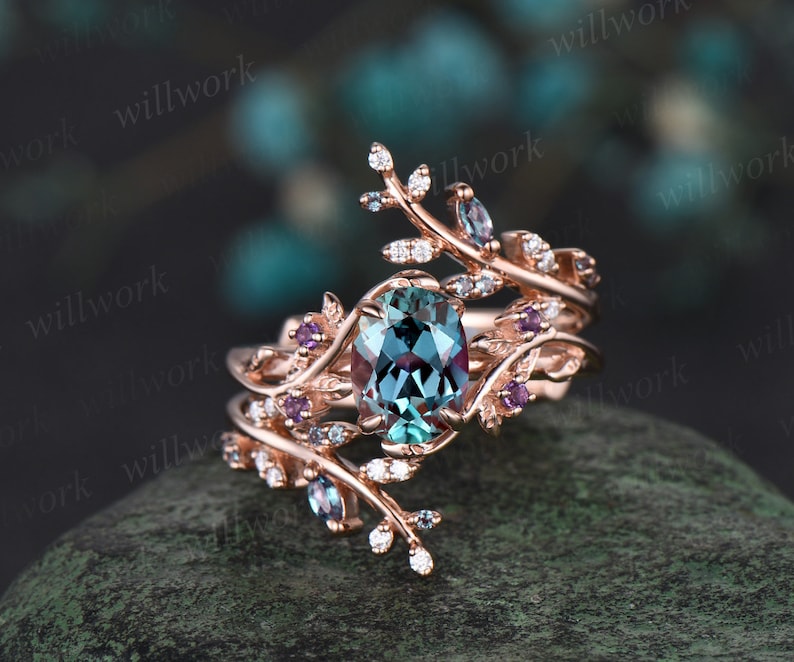 Vintage oval alexandrite engagement ring nature inspired leaf amethyst ring rose gold wedding band enhancer twisted bridal ring set women 2pc ring set