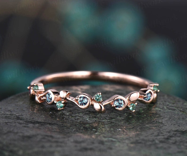 Unique emerald alexandrite wedding band leaf 14k rose gold stacking matching vintage dainty wedding ring band women anniversary ring gift image 1