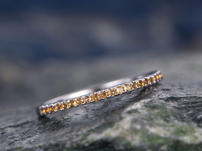 Natural Citrine wedding ring-solid 14k white gold-handmade unique ring-half eternity-Petite 1.2mm Matching band-tiny stones promise ring image 1