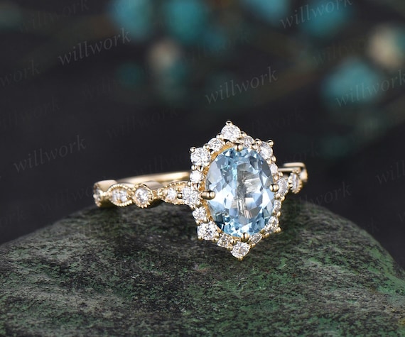 Oval Cut Aquamarine Engagement Ring 14k Yellow Gold Milgrain Half