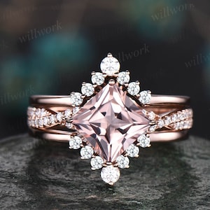 Morganite ring vintage princess cut morganite engagement ring set rose gold unique engagement ring twisted diamond bridal ring set women