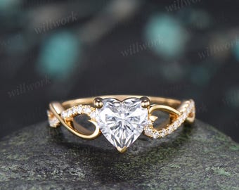 Heart moissanite engagement ring 14k yellow gold half eternity infinity diamond anniversary promise wedding ring women gift