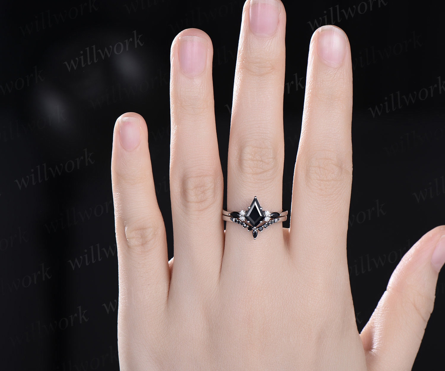 K9WG リング Vintage Kite Cut Black Onyx Engagement Ring Solid 14k White