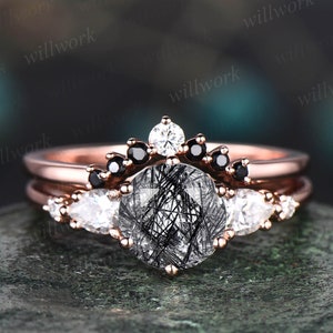 Round cut black rutilated quartz engagement ring set 14k rose gold five stone moissanite ring black diamond ring for women wedding ring set