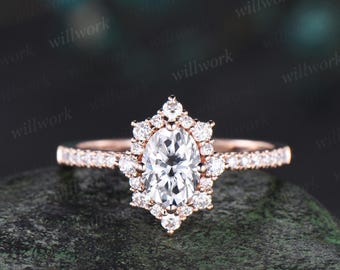 1ct oval cut moissanite ring vintage snowdrift halo engagement ring women rose gold half eternity diamond promise ring her antique jewelry