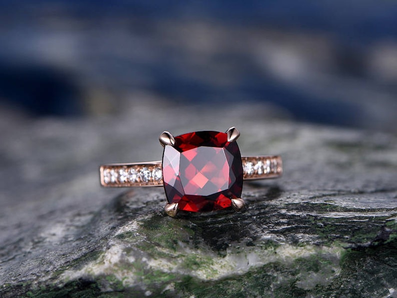 Red Garnet engagement ring-14k Rose gold-handmade diamond bridal ring-Classic Design-8mm Cushion Cut gemstone promise ring-Bezel Gold