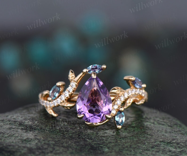 Vintage pear amethyst engagement ring 14k yellow gold leaf nature inspired branch half eternity alexandrite wedding anniversary ring women image 1