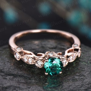 Rose gold ring 5mm green emerald ring vintage emerald engagement ring 14k rose gold diamond ring unique design antique may birthstone ring