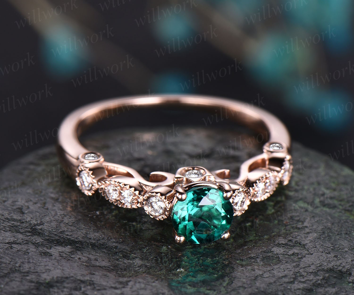 Rose Gold Ring 5mm Green Emerald Ring ...