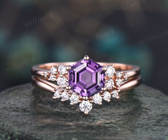 Amethyst Ring Vintage Hexagon Cut Purple Amethyst Engagement Ring