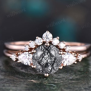 Unique wedding ring set Vintage black rutilated quartz engagement ring set rose gold moissanite ring set round cut bridal ring women gift